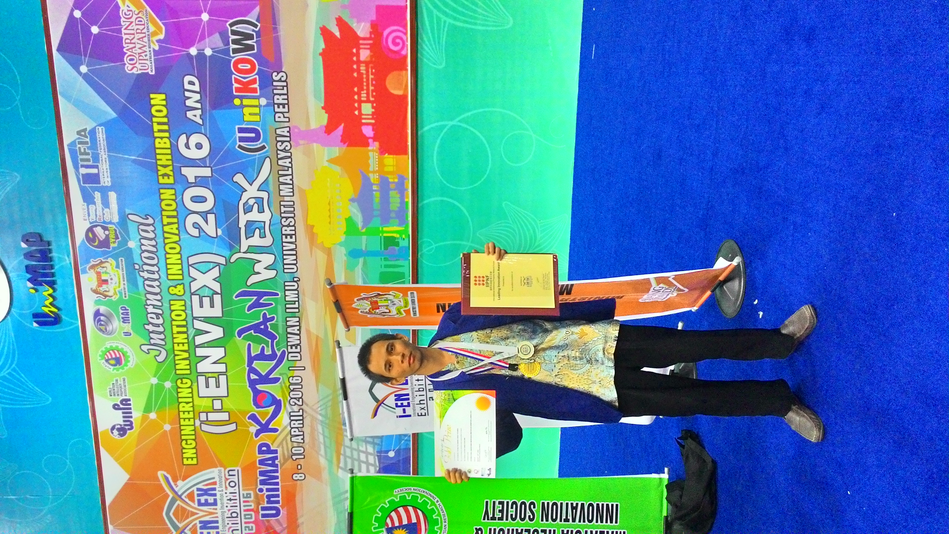 Foto 1ST Winner (Gold Medal) Category of ICT and Electronics in International Engineering Innovation Invention Exhibition (I-ENVEX) from MY ENG, WIIPA and IFIA  at Universiti Malaysia Perlis, Perlis, Malaysia, April 2016.
