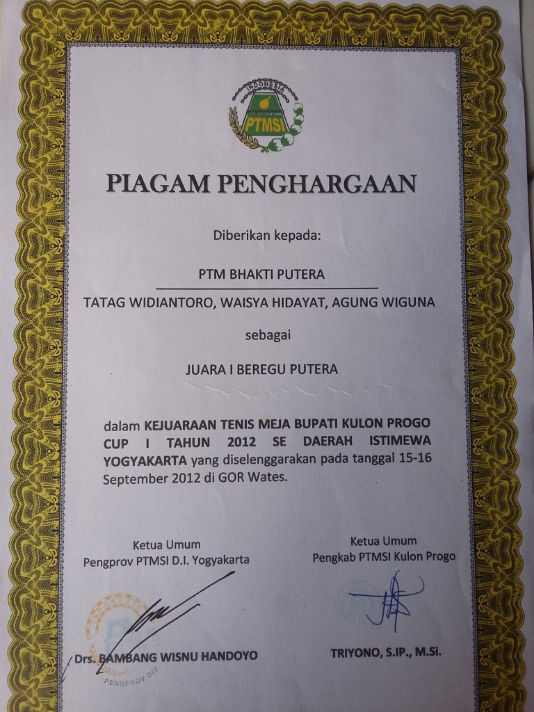Foto Kejuaraan Tenis Meja Bupati Kulon Progo Cup I Tahun 2012 Se- Daerah Istimewa Yogyakarta