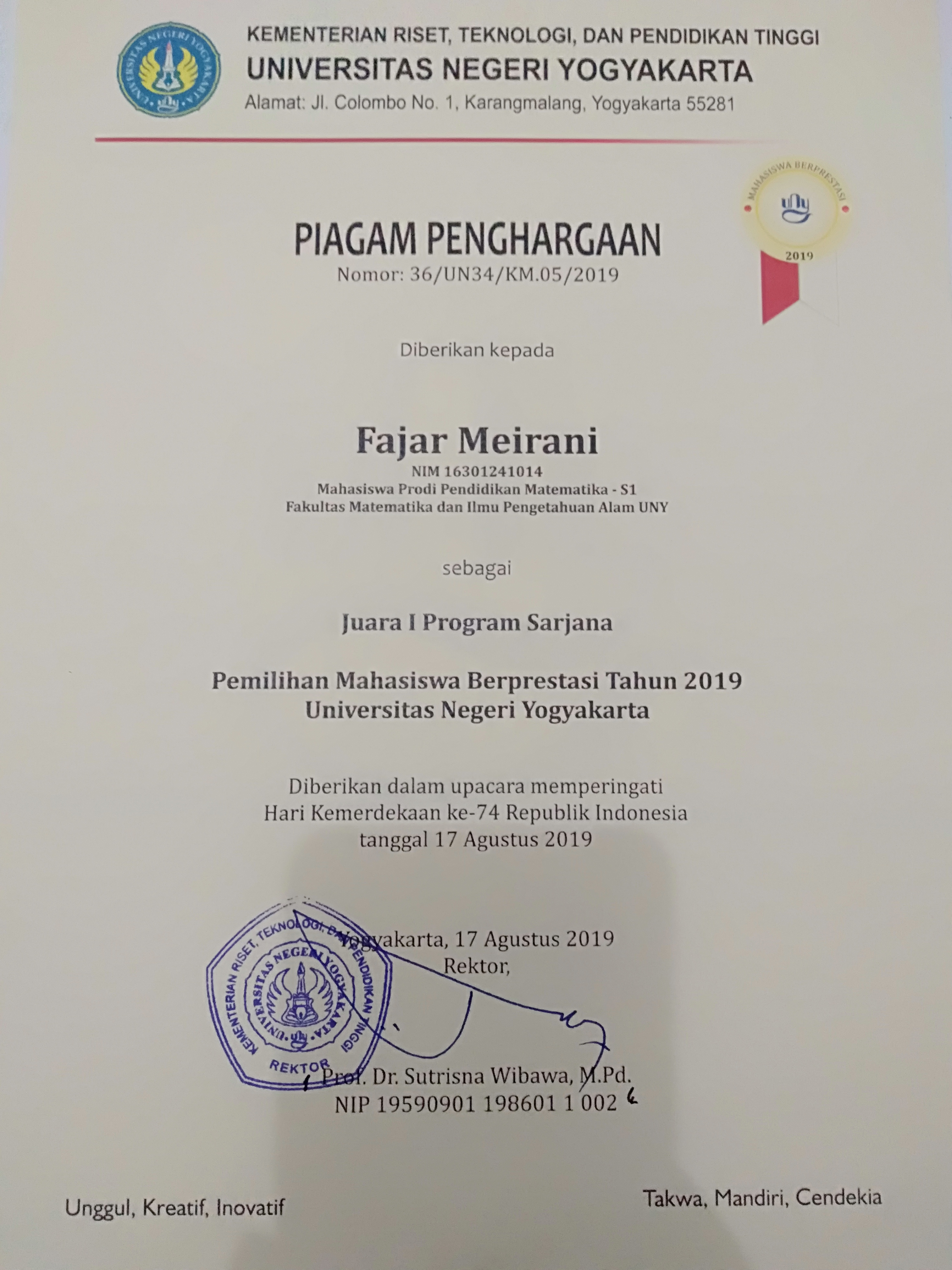 Foto Pemilihan Mahasiswa Berprestasi Universitas Negeri Yogyakarta 2019
