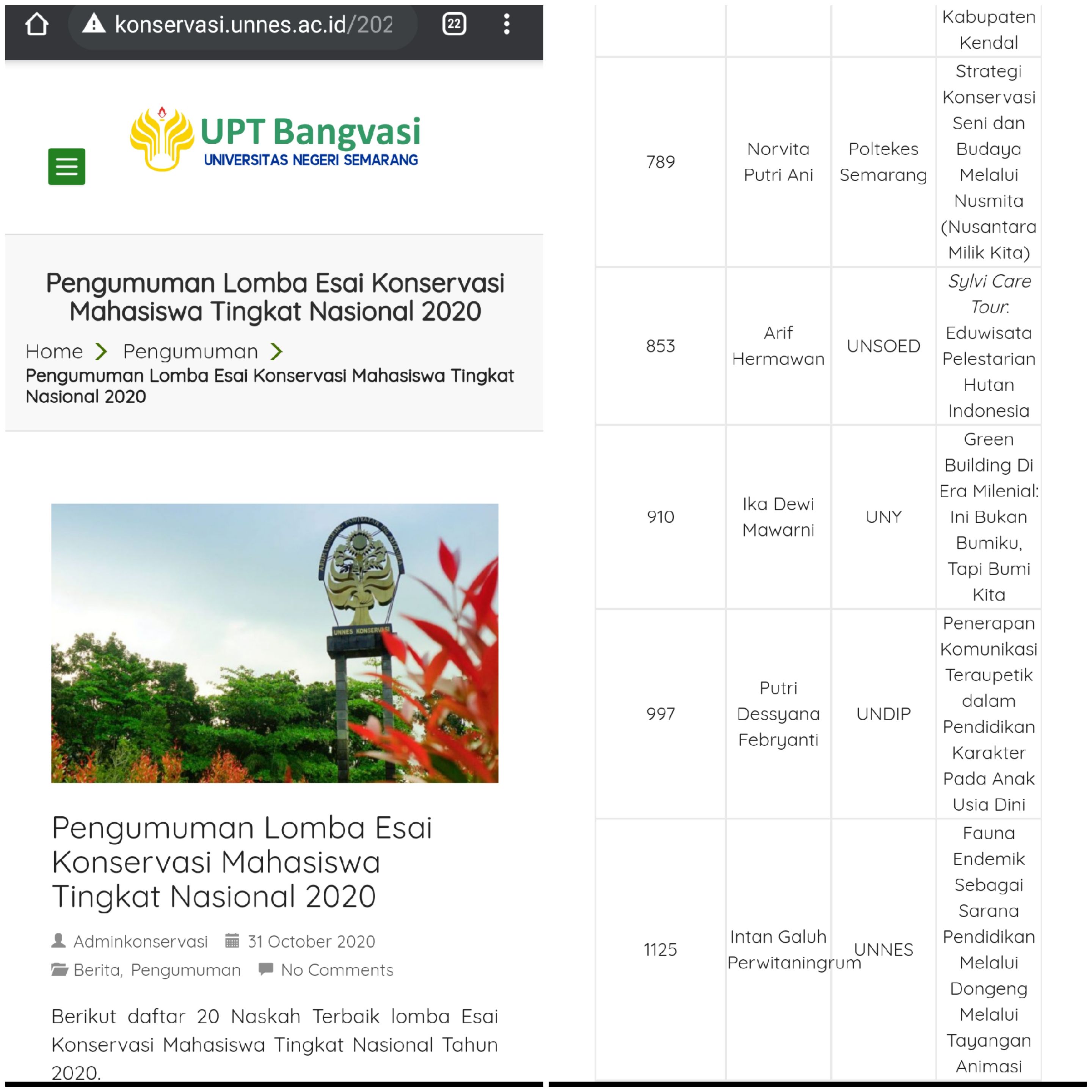 Foto Lomba Esai Konservasi Tingkat Nasional Bagi Mahasiswa Tahun 2020 Universitas Negeri Semarang