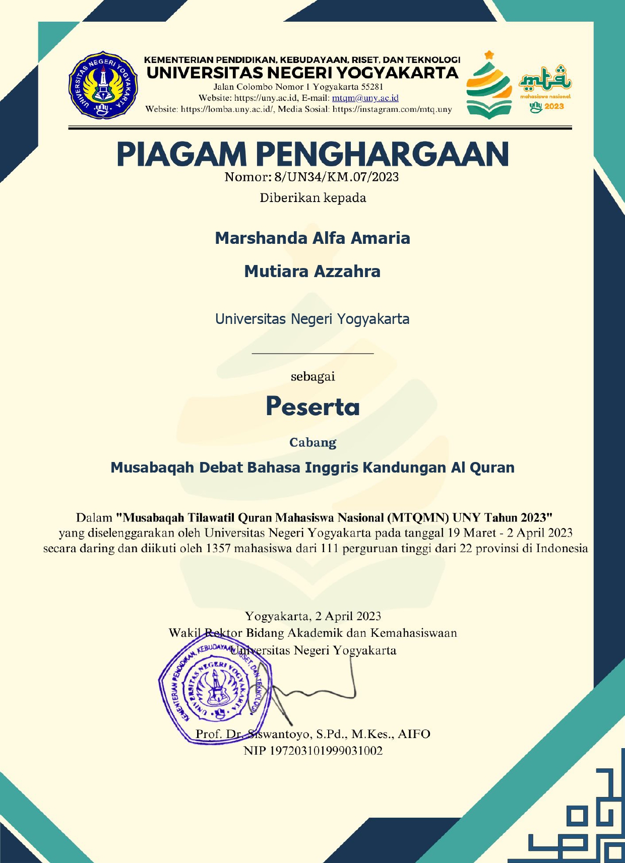 Foto MTQN Mahasiswa Nasional Universitas Negeri Yogyakarta #3 Tahun 2023