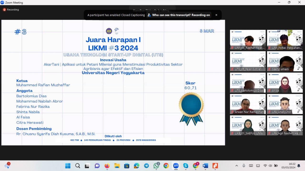 Foto  LIKMI (Lomba Inovasi Kewirausahaan Mahasiswa Indonesia) #3  Universitas Negeri Yogyakarta kategori Usaha Teknologi Start-Up Digital (UTS)